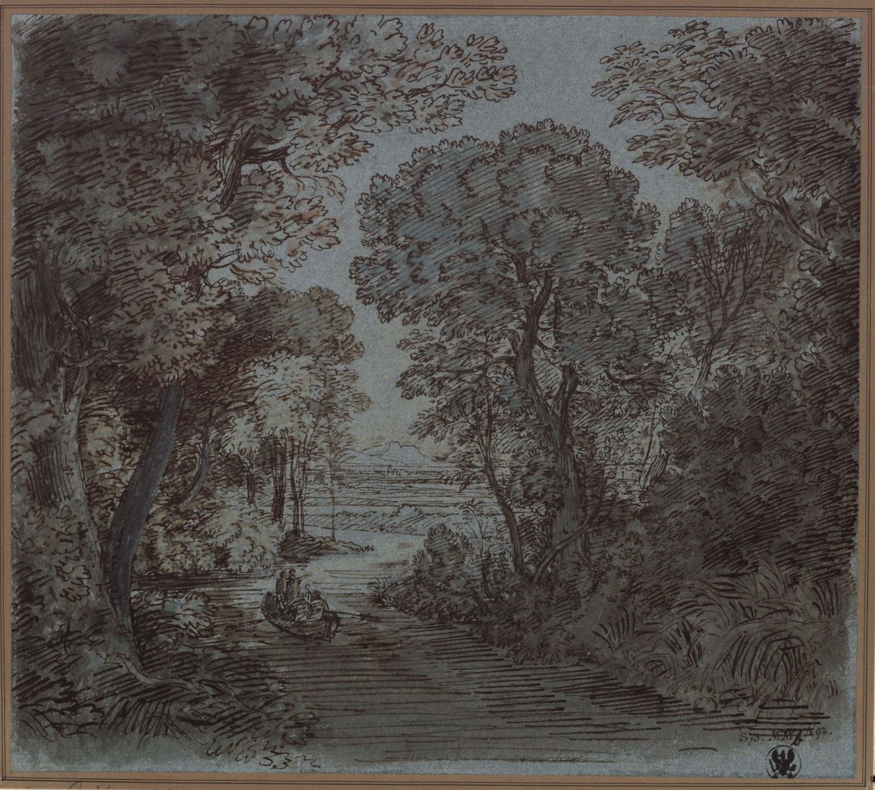 Rzeka płynąca wśród drzew, z widokiem na górę w oddali autorstwa Karl Friedrich Schinkel