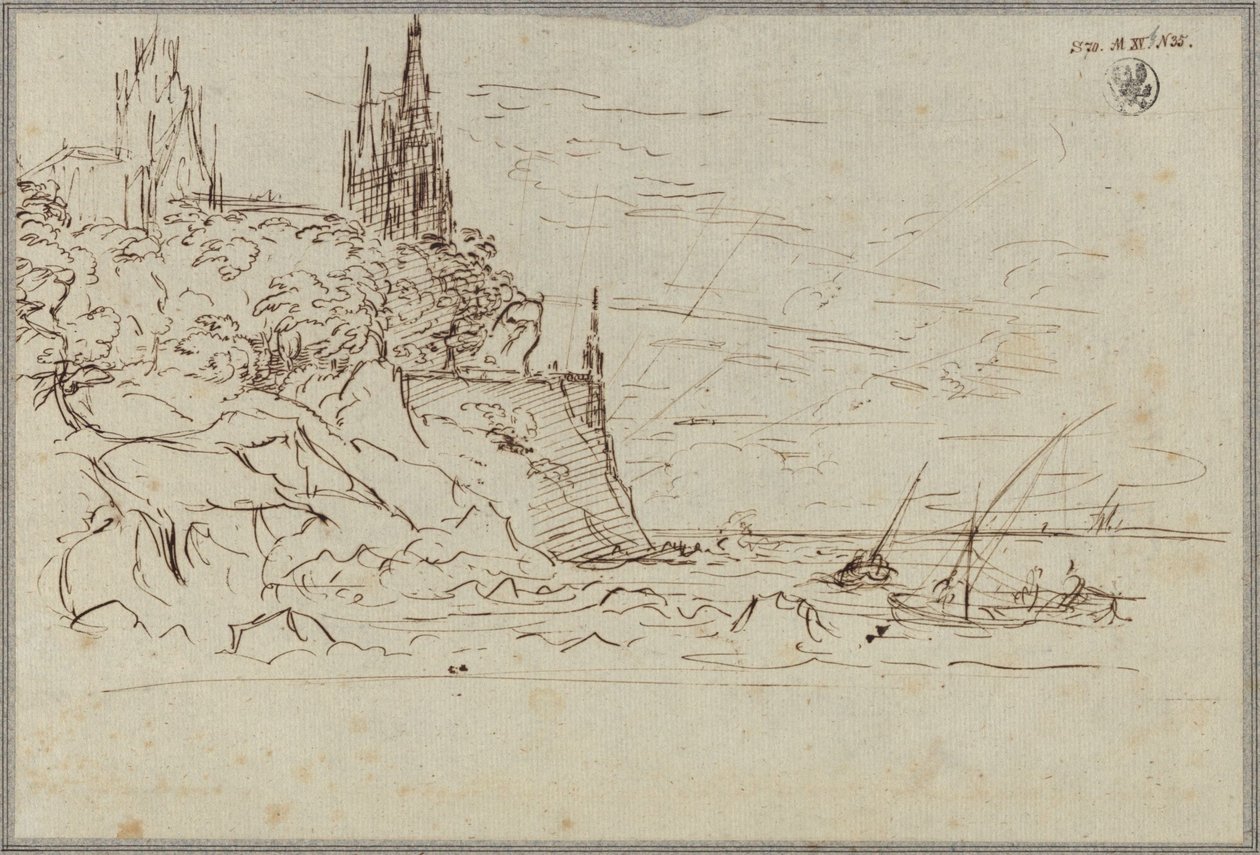 Gotycki kościół na stromym wybrzeżu morskim autorstwa Karl Friedrich Schinkel