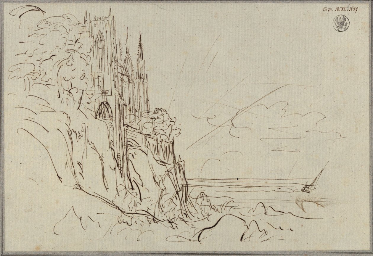 Gotycki kościół na stromym wybrzeżu morskim przed wschodzącym słońcem autorstwa Karl Friedrich Schinkel