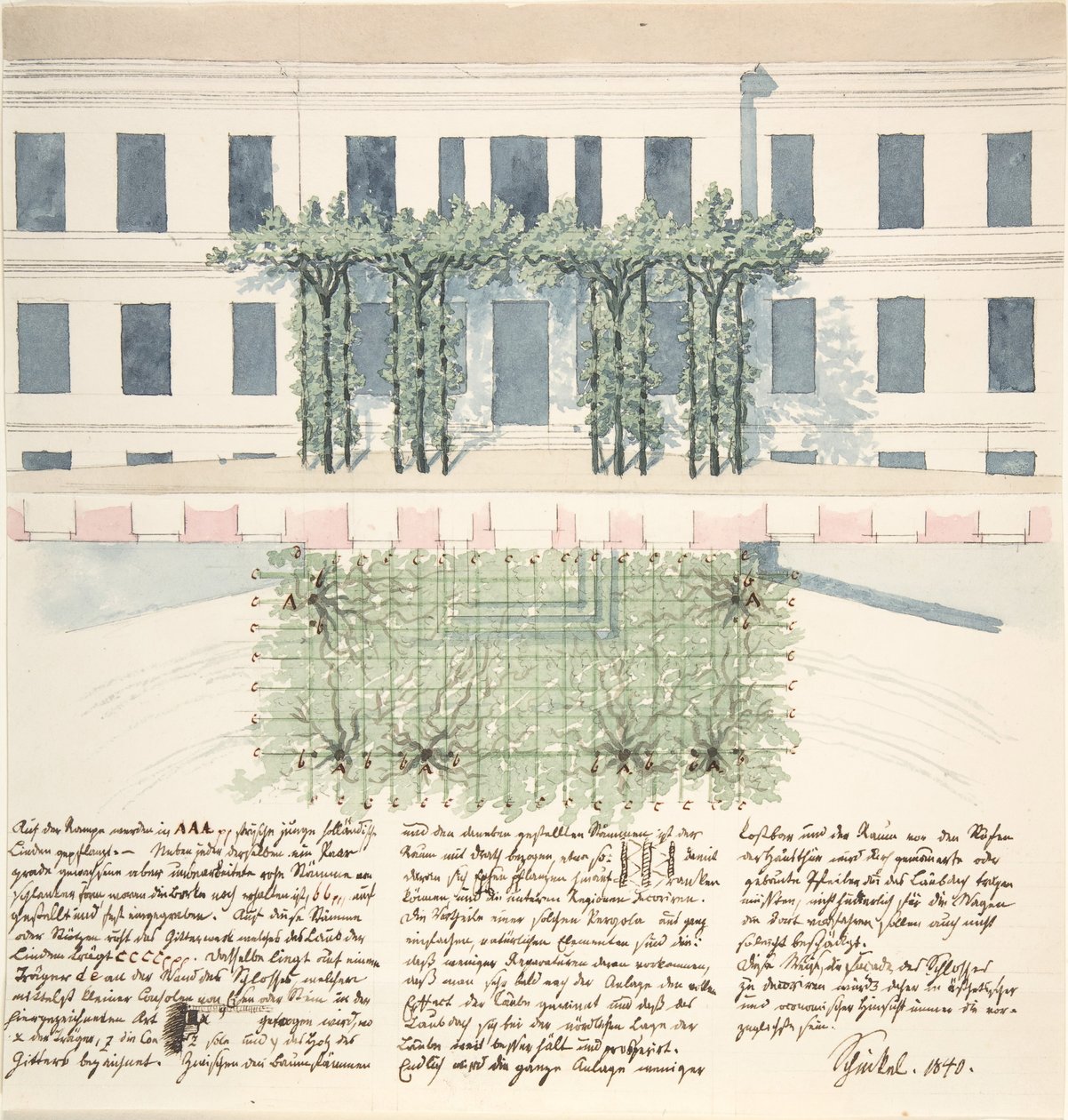 Elewacja i plan elewacji budynku, 1840. autorstwa Karl Friedrich Schinkel
