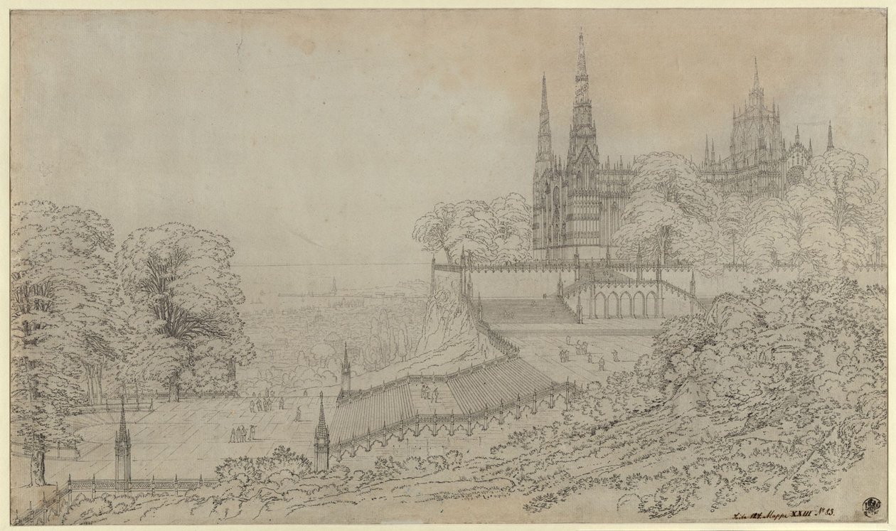„Projekt dekoracji teatralnej, katedra na wzgórzu nad wielkim miastem położonym nad morzem” / Wielka kompozycja, jak powinien być ustawiony Mediolański Duomo autorstwa Karl Friedrich Schinkel