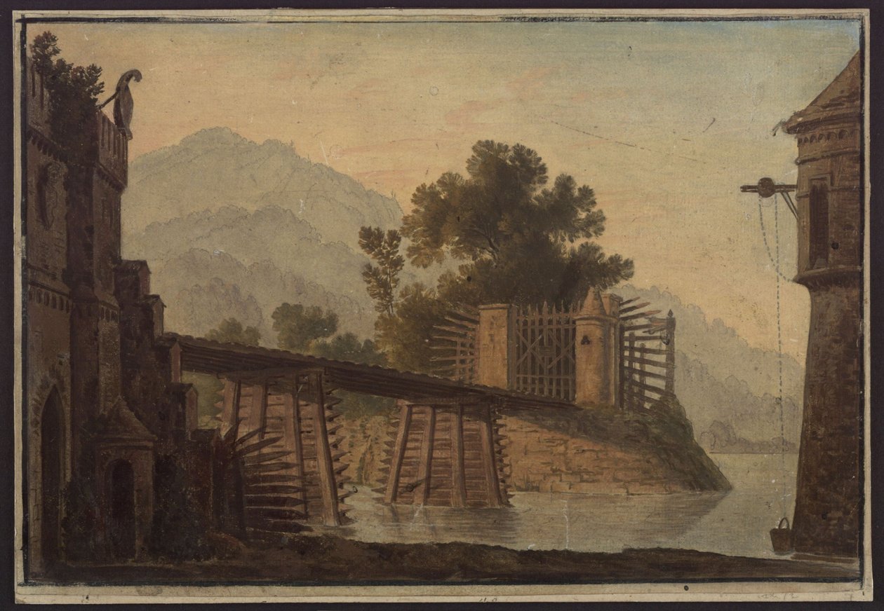 Faniska. Opera Luigiego Cherubiniego. Projekt 3. dekoracji. Most nad jeziorem autorstwa Karl Friedrich Schinkel