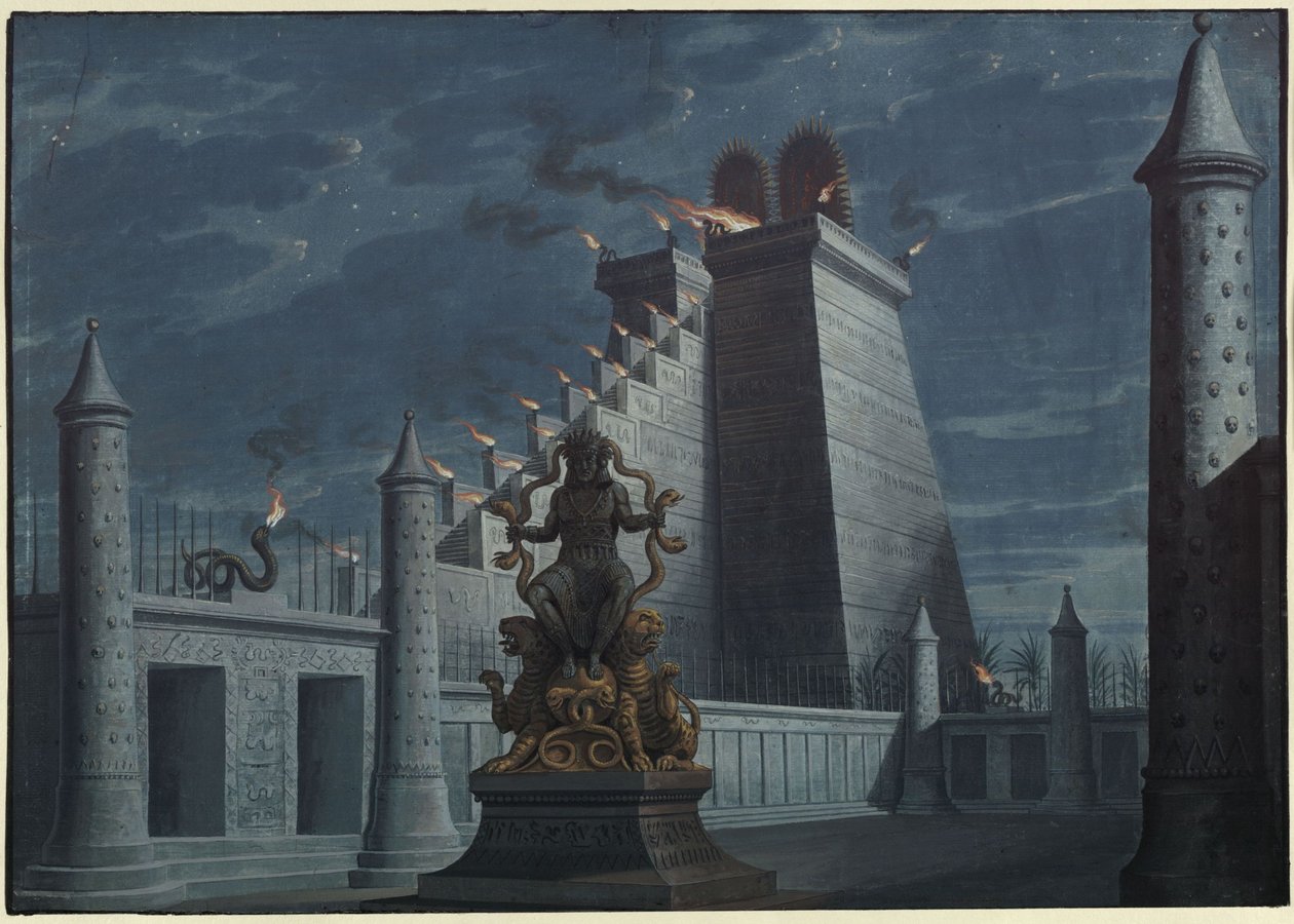 Fernand Cortez, czyli: Podbój Meksyku. Opera Gaspare’a Spontiniego. Projekt pierwszej scenografii. Indiancka świątynia ognia autorstwa Karl Friedrich Schinkel