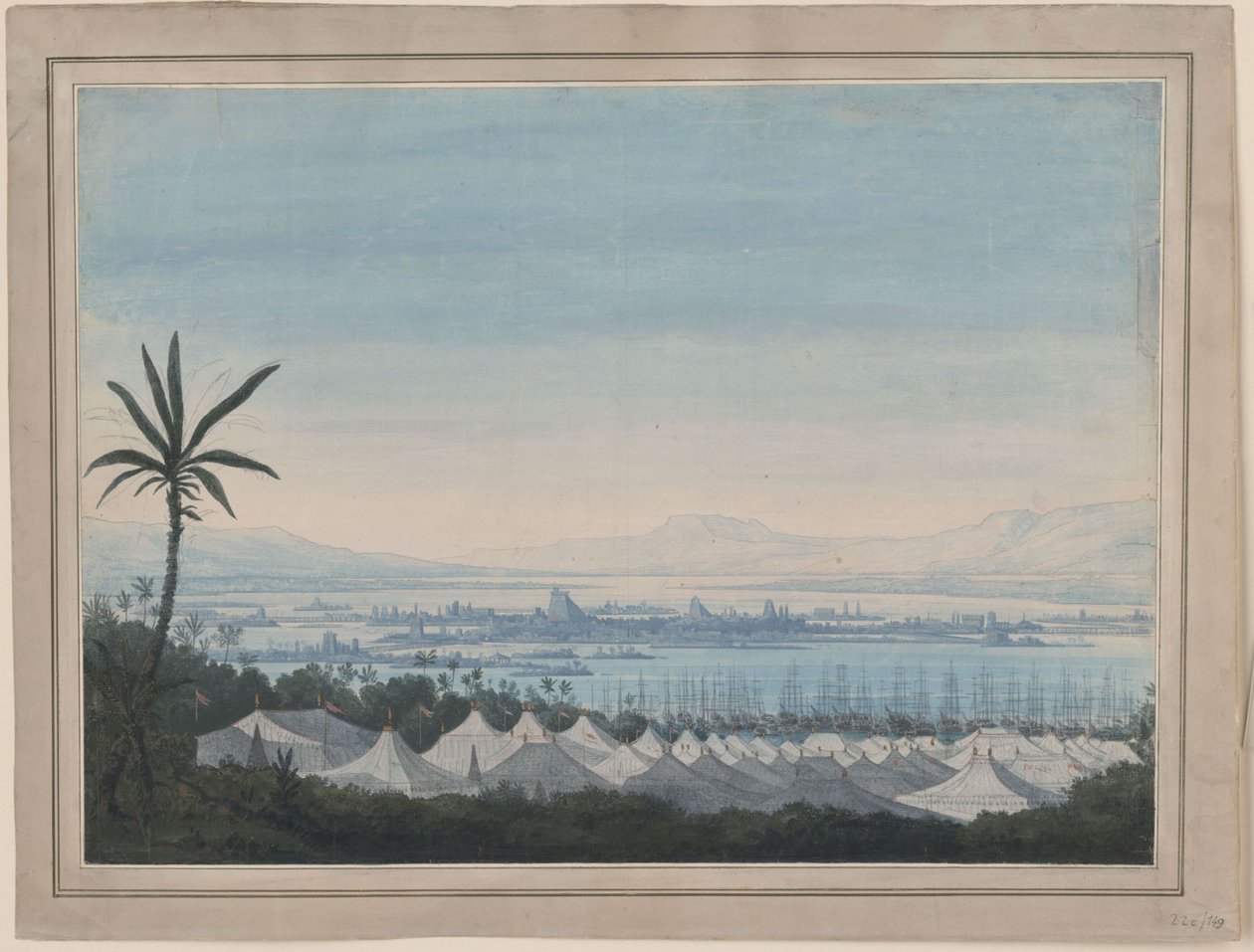Fernand Cortez, czyli: Podbój Meksyku. Opera Gasparego Spontiniego. Projekt 2. dekoracji. Widok na miasto Meksyk i obóz Hiszpanów autorstwa Karl Friedrich Schinkel