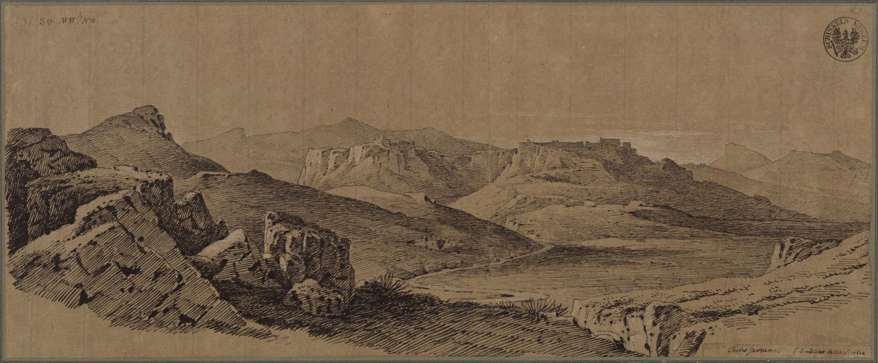 „Twierdza Castro Giovanni w centrum Sycylii” - Widok na Ennę na Sycylii autorstwa Karl Friedrich Schinkel