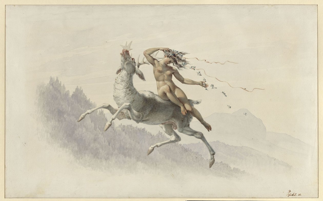 Kobieta na jeleniu unoszącym się w powietrzu autorstwa Karl Friedrich Schinkel