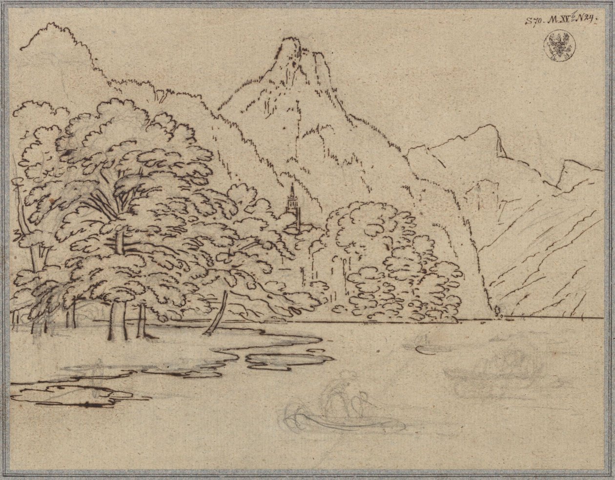 Krajobraz górski z jeziorem, prawdopodobnie jeziorem Traunsee i szczytem Kleiner Sonnstein autorstwa Karl Friedrich Schinkel