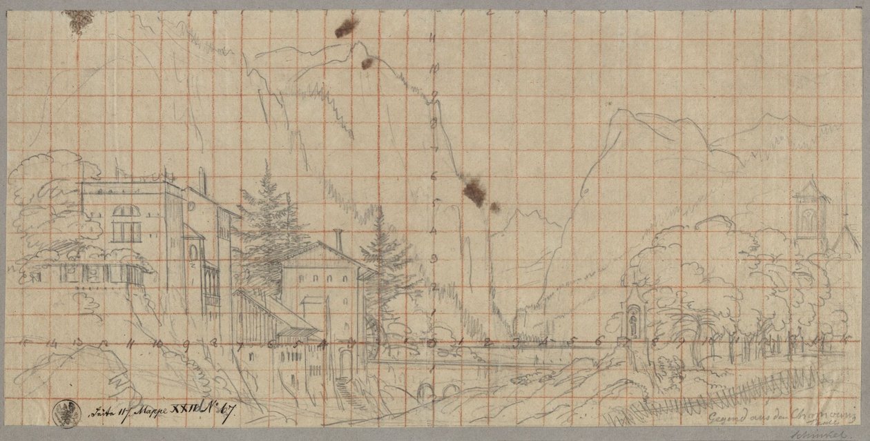 Krajobraz z doliny Chamonix w dzisiejszym regionie Rodan-Alpy we Francji autorstwa Karl Friedrich Schinkel