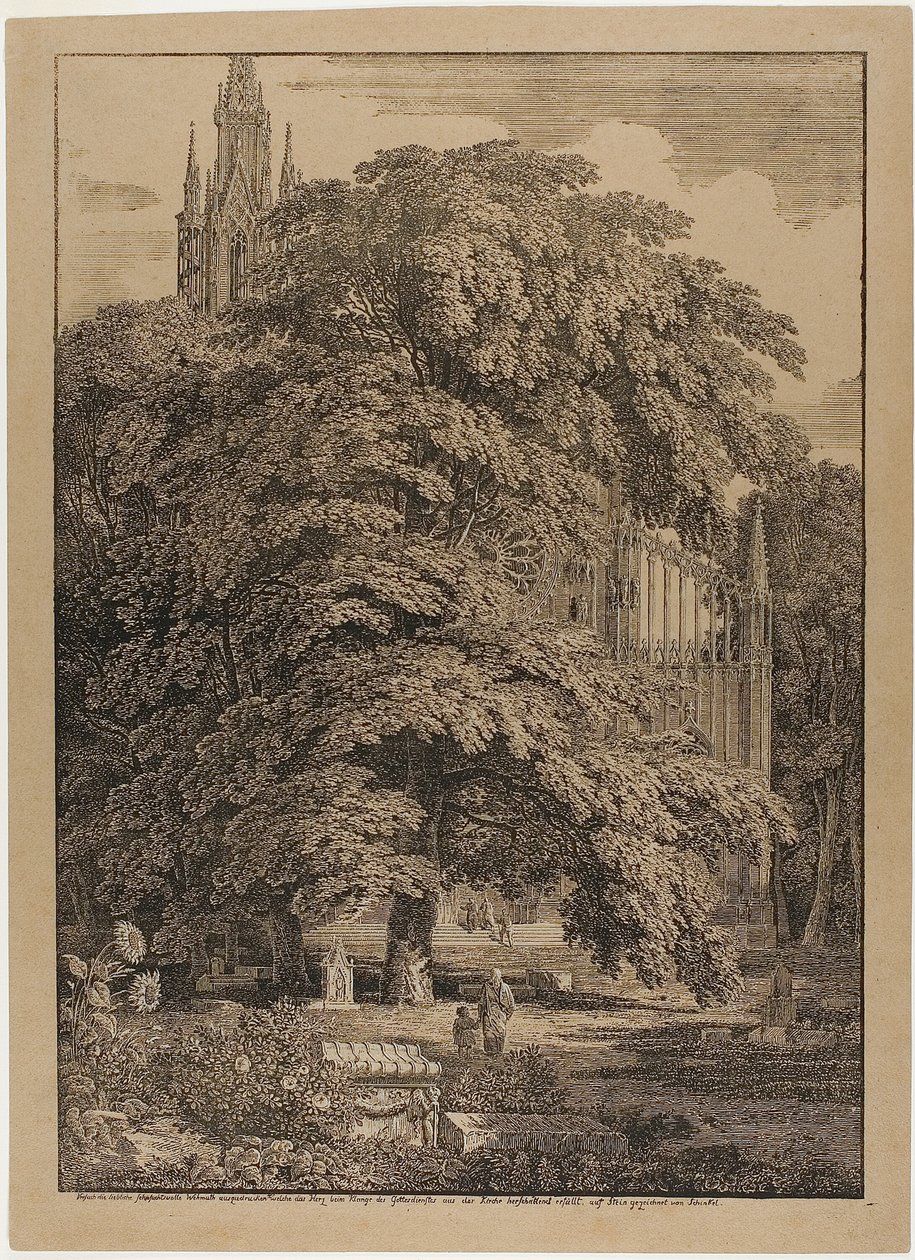 Gotycki kościół za gajem dębowym z grobowcami autorstwa Karl Friedrich Schinkel