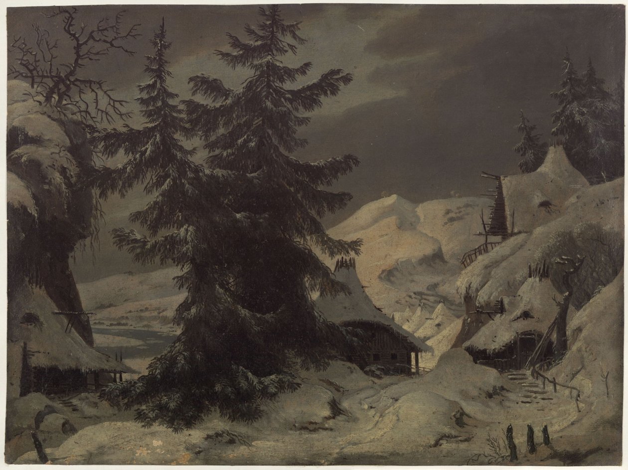 Hrabia Benjowski, czyli spisek na Kamczatce. Sztuka Augusta von Kotzebue. Projekt drugiej scenografii. Wieś na tle śnieżnego krajobrazu autorstwa Karl Friedrich Schinkel