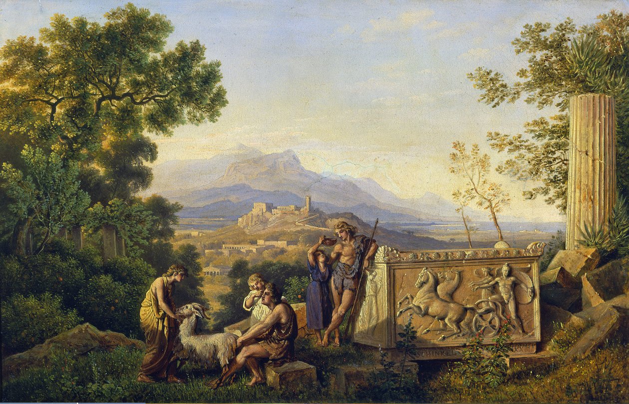 Grecki krajobraz idealny z odpoczywającymi pasterzami autorstwa Karl Friedrich Schinkel