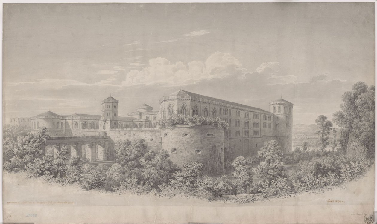 Halle nad Soławą. Projekt przebudowy zamku Moritzburg. Widok od północnego wschodu autorstwa Karl Friedrich Schinkel