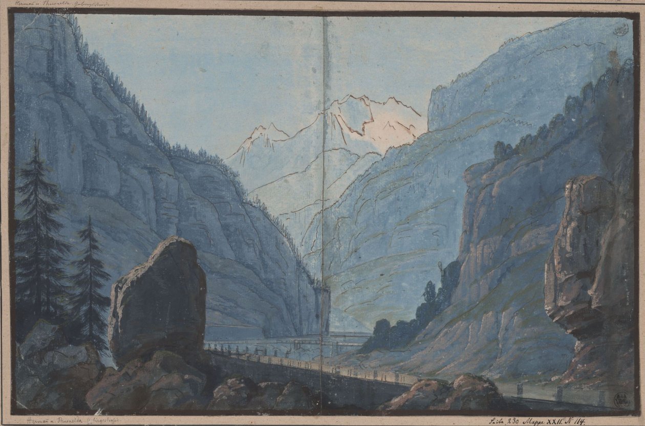 Herrmann i Thusnelda. Sztuka Augusta von Kotzebue. Projekt 5. dekoracji. Górska droga autorstwa Karl Friedrich Schinkel
