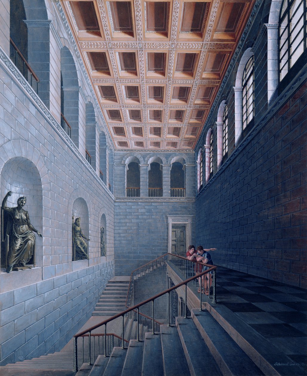Widok wnętrza klatki schodowej, projekt zamku w Koestritz, 1802-03 (pióro i atrament oraz pne na papierze) autorstwa Karl Friedrich Schinkel