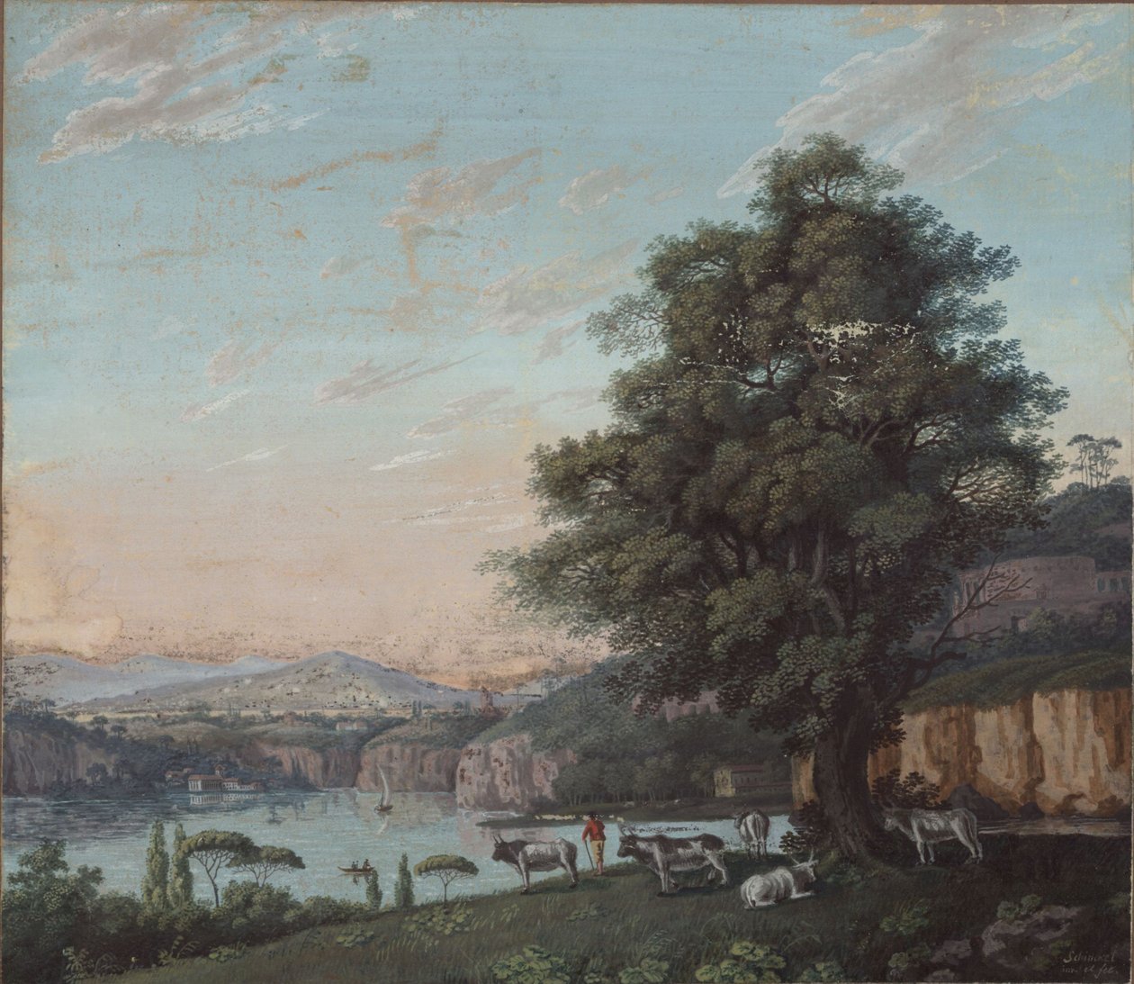Włoski pejzaż idealny z drzewem, stadem i górami autorstwa Karl Friedrich Schinkel