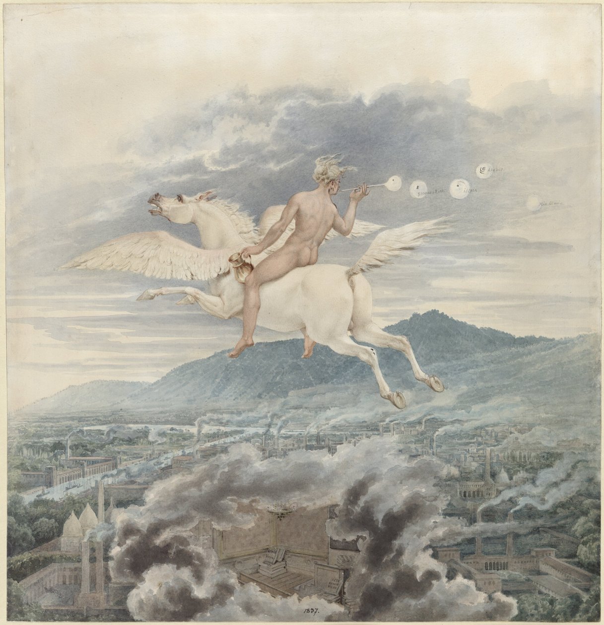 Karl Friedrich Schinkel – Postać kobieca dmuchająca bańki mydlane, jako alegoria Christiana Petera Wilhelma Beutha, jadącego na Pegazie nad przemysłowym miastem – 1837 autorstwa Karl Friedrich Schinkel