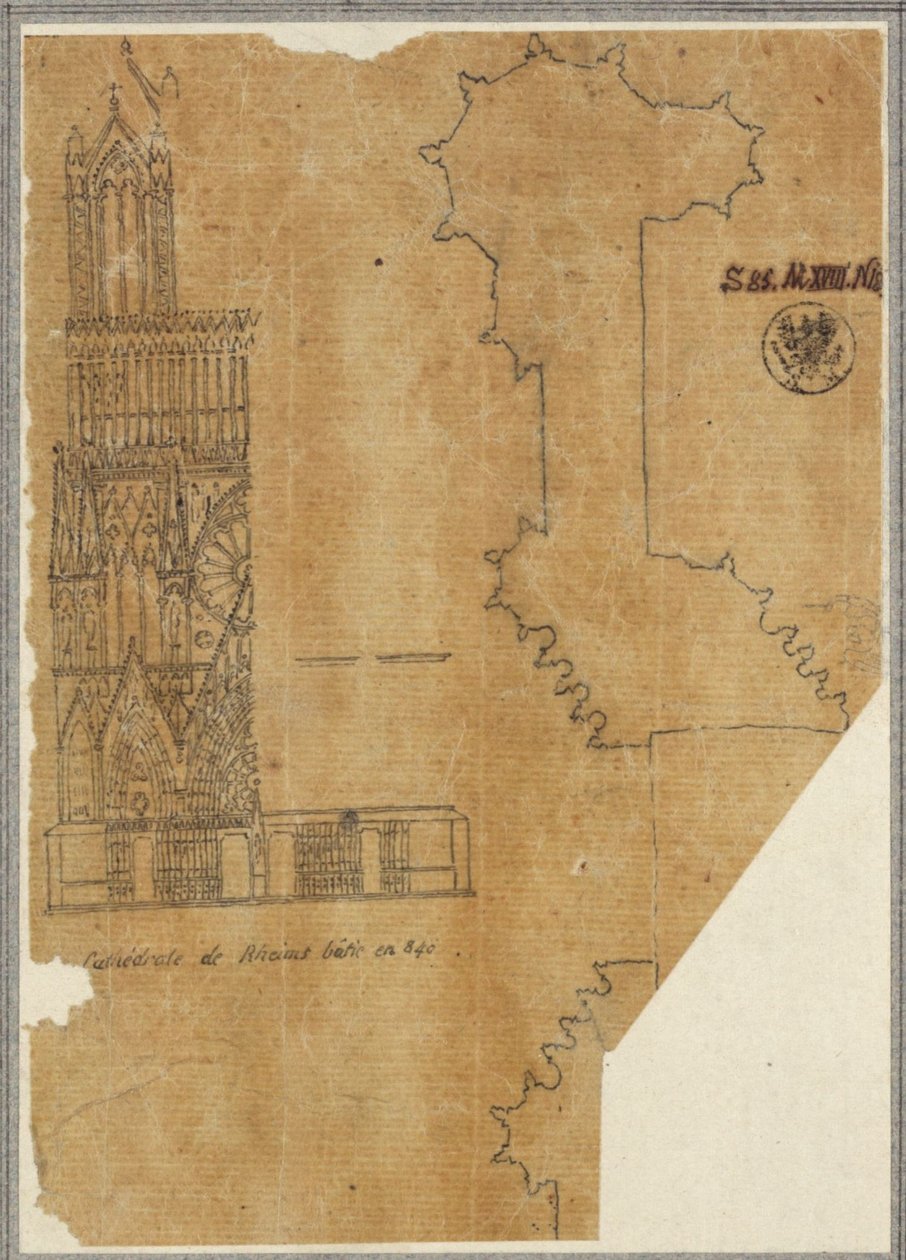 Kathedrale von Reims. Teilansicht der Westfassade und Grundriss autorstwa Karl Friedrich Schinkel