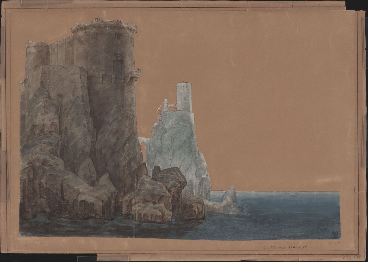 Król Yngurd. Tragedia Adolfa Müllnera. Projekt 4. dekoracji. Wieża z Bramą Śmierci nad morzem autorstwa Karl Friedrich Schinkel