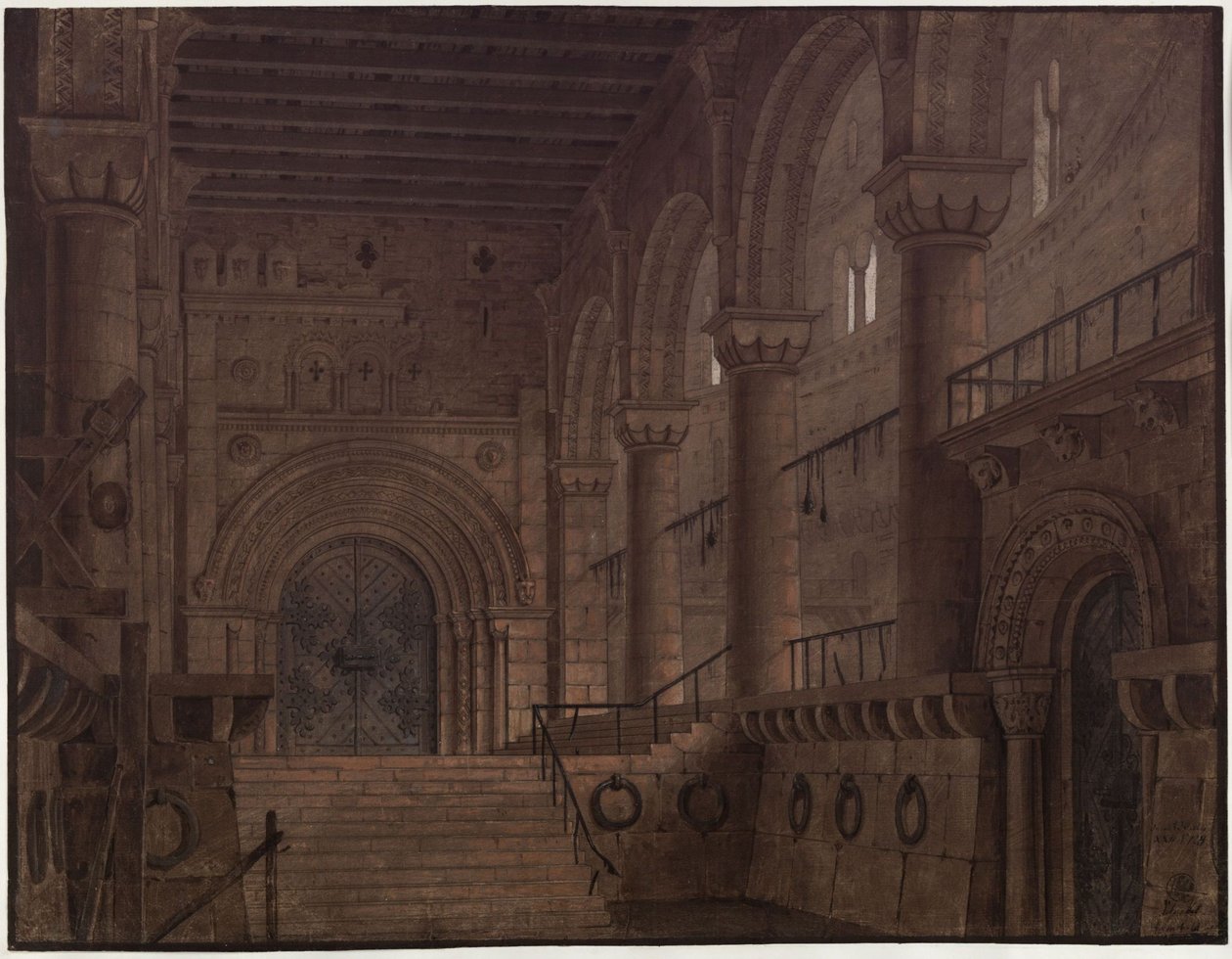 Król Yngurd. Tragedia autorstwa Adolfa Müllnera. Projekt piątej scenografii. Sala w wieży z Bramą Śmierci autorstwa Karl Friedrich Schinkel