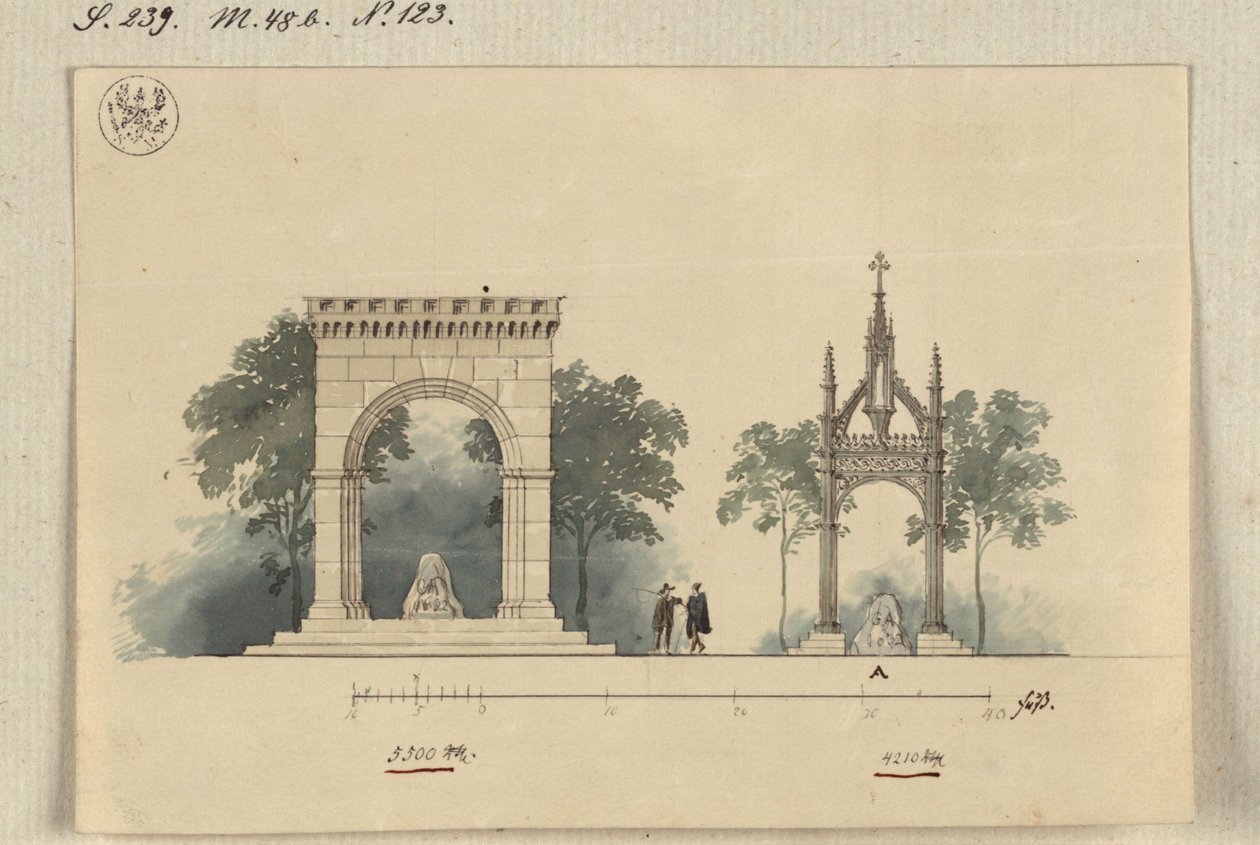 Lützen. Projekt pomnika króla Gustawa II Adolfa Szwedzkiego jako otwartej z czterech stron hali arkadowej oraz tabernakulum nad szwedzkim kamieniem autorstwa Karl Friedrich Schinkel