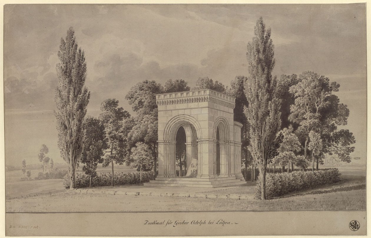 Lützen. Projekt pomnika króla Szwecji Gustawa II Adolfa w formie romańskiej hali nad Szwedzkim Kamieniem z dołączoną apsydą. Widok autorstwa Karl Friedrich Schinkel