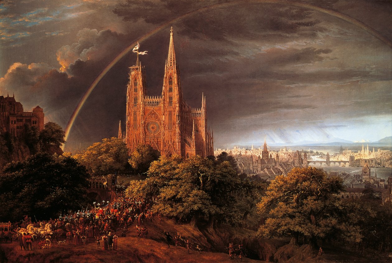 Średniowieczne miasto nad brzegiem rzeki, autorstwa Karla Friedricha Schinkla (1781-1841) autorstwa Karl Friedrich Schinkel