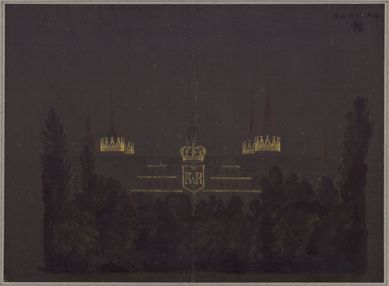 Merseburg. Zamek. Projekt iluminacji zamku z okazji uroczystości hołdowniczych dla Fryderyka Wilhelma III Pruskiego autorstwa Karl Friedrich Schinkel