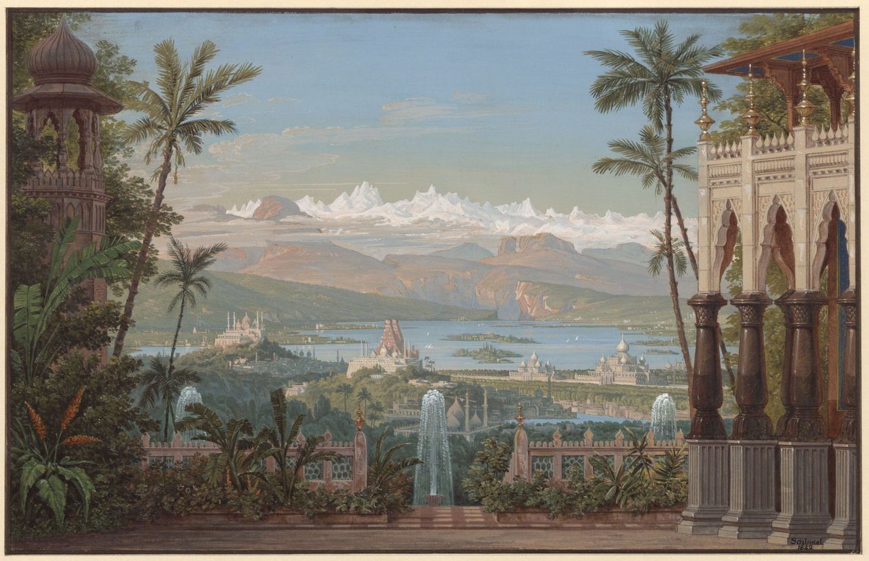 Nurmahal, czyli święto róż w Kaszmirze. Opera Gasparego Spontiniego. Projekt 2. dekoracji. Taras ogrodowy z widokiem na dolinę Kaszmiru autorstwa Karl Friedrich Schinkel