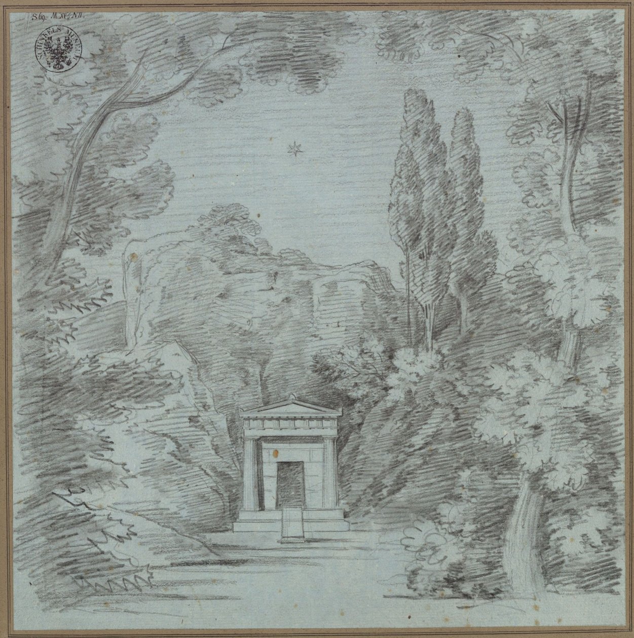 Orfeusz i Eurydyka. Opera Christopha Willibalda Glucka. Projekt 1. dekoracji (?). Projekt mauzoleum na skale autorstwa Karl Friedrich Schinkel
