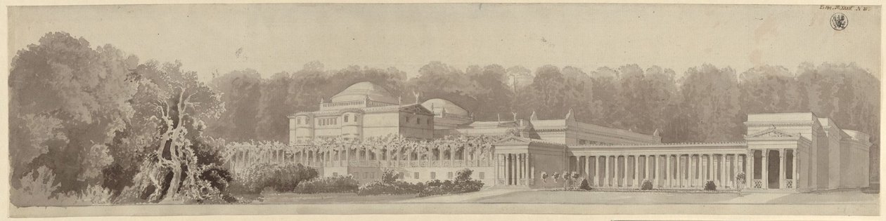 Poczdam-Sanssouci. Zabytkowa rezydencja wiejska w pobliżu pałacu Charlottenhof. Widok perspektywiczny od północnego wschodu autorstwa Karl Friedrich Schinkel