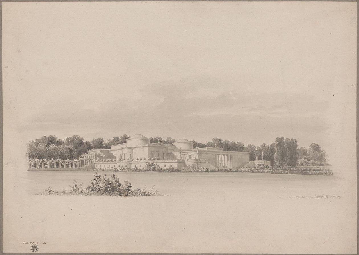 Poczdam-Sanssouci. Zabytkowa rezydencja wiejska w pobliżu pałacu Charlottenhof. Widok perspektywiczny od północnego wschodu autorstwa Karl Friedrich Schinkel
