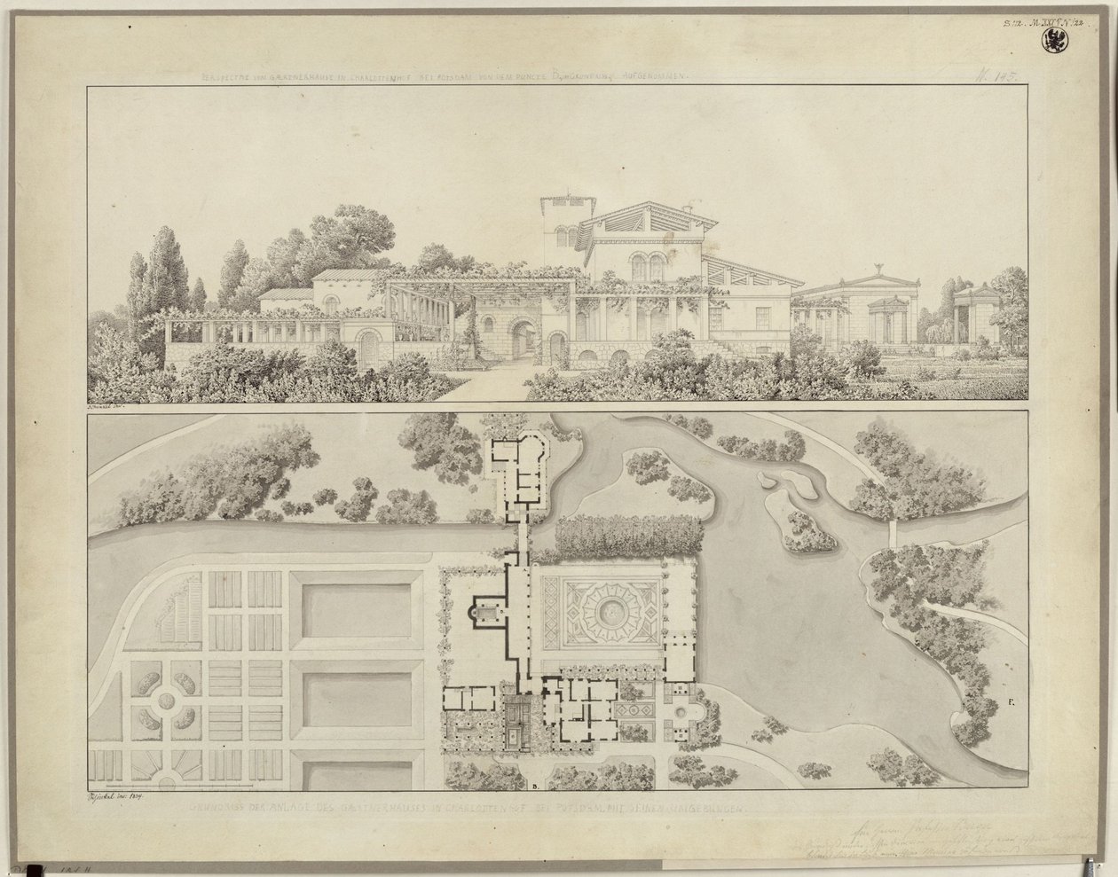 Poczdam-Sanssouci. Łaźnie rzymskie przy pałacu Charlottenhof. Widok od zachodu i plan domu ogrodnika autorstwa Karl Friedrich Schinkel