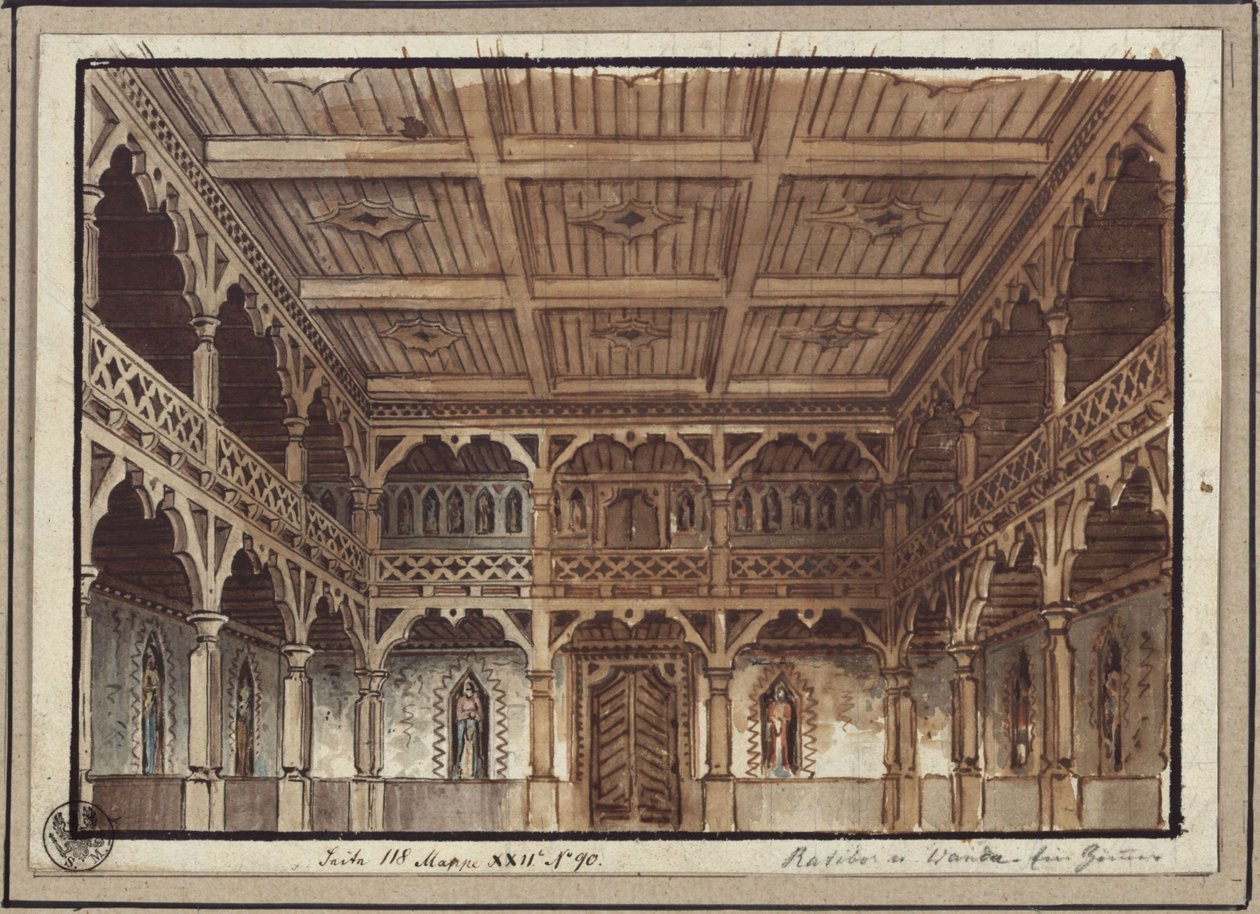 Ratibor i Wanda. Sztuka Jakoba Andreasa Konrada Levezowa. Projekt 2. dekoracji. Komnata kobieca w zamku autorstwa Karl Friedrich Schinkel