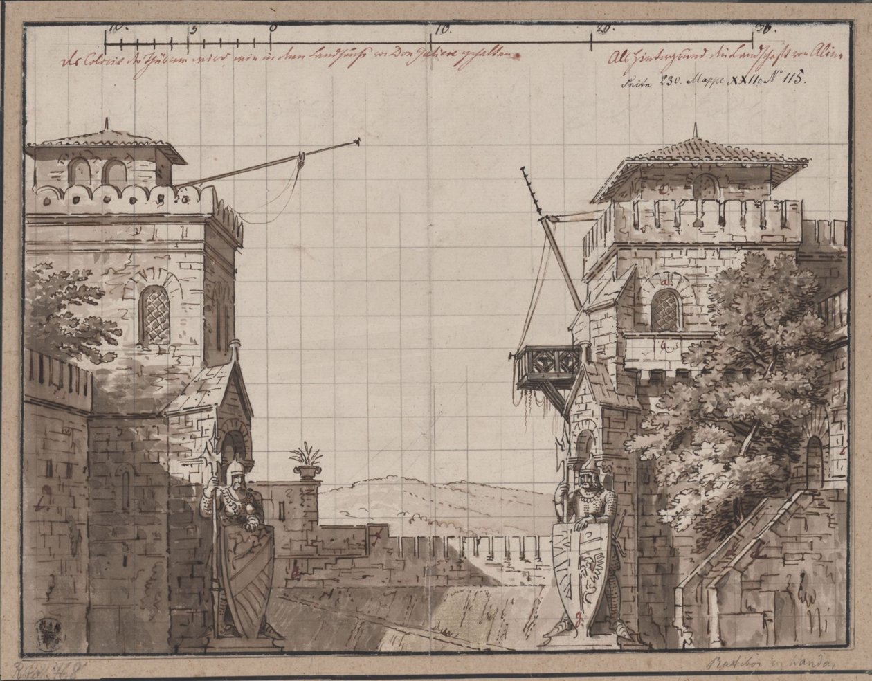 Ratibor i Wanda. Sztuka Jakoba Andreasa Konrada Levezowa. Projekt trzeciej scenografii. Fort z widokiem na góry autorstwa Karl Friedrich Schinkel