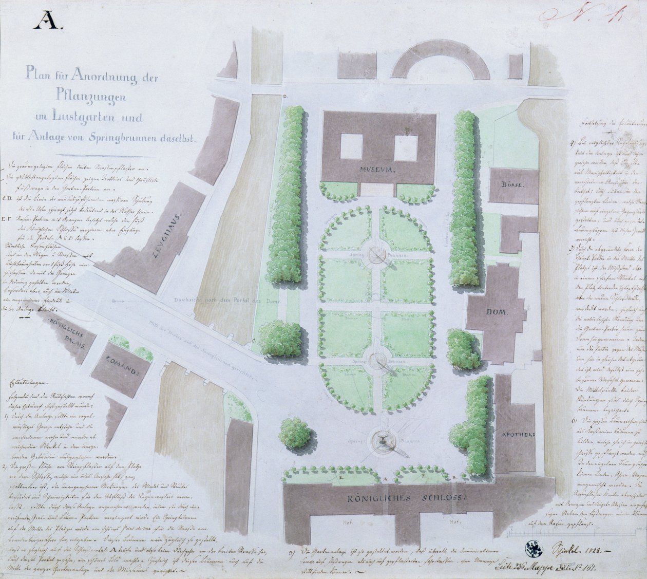 Przeprojektowanie Lustgarten, 1828 (toaleta i długopis i atrament na papierze) autorstwa Karl Friedrich Schinkel