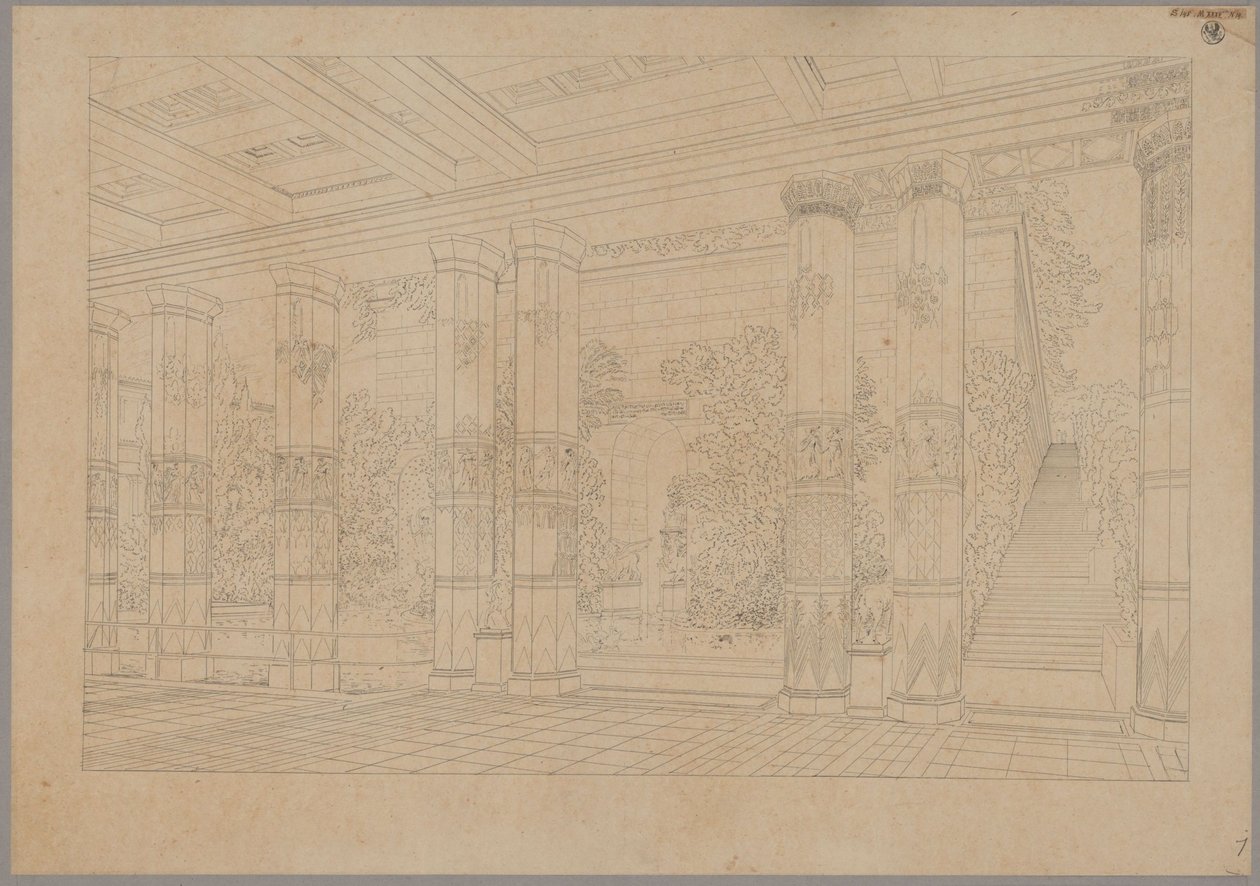 Pałac Orianda na Krymie. Projekt antyczny. Perspektywiczny widok portyku dworu cesarskiego z basenem i muzeum autorstwa Karl Friedrich Schinkel