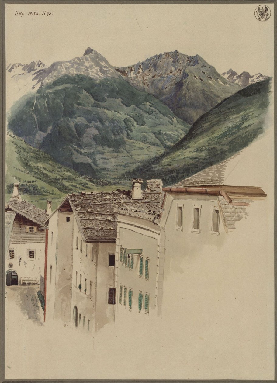 Ulica w Hofgastein z widokiem na Hüttelkogel, Graukogel, masyw Feuerseng oraz szczyt Gamskarspitze autorstwa Karl Friedrich Schinkel