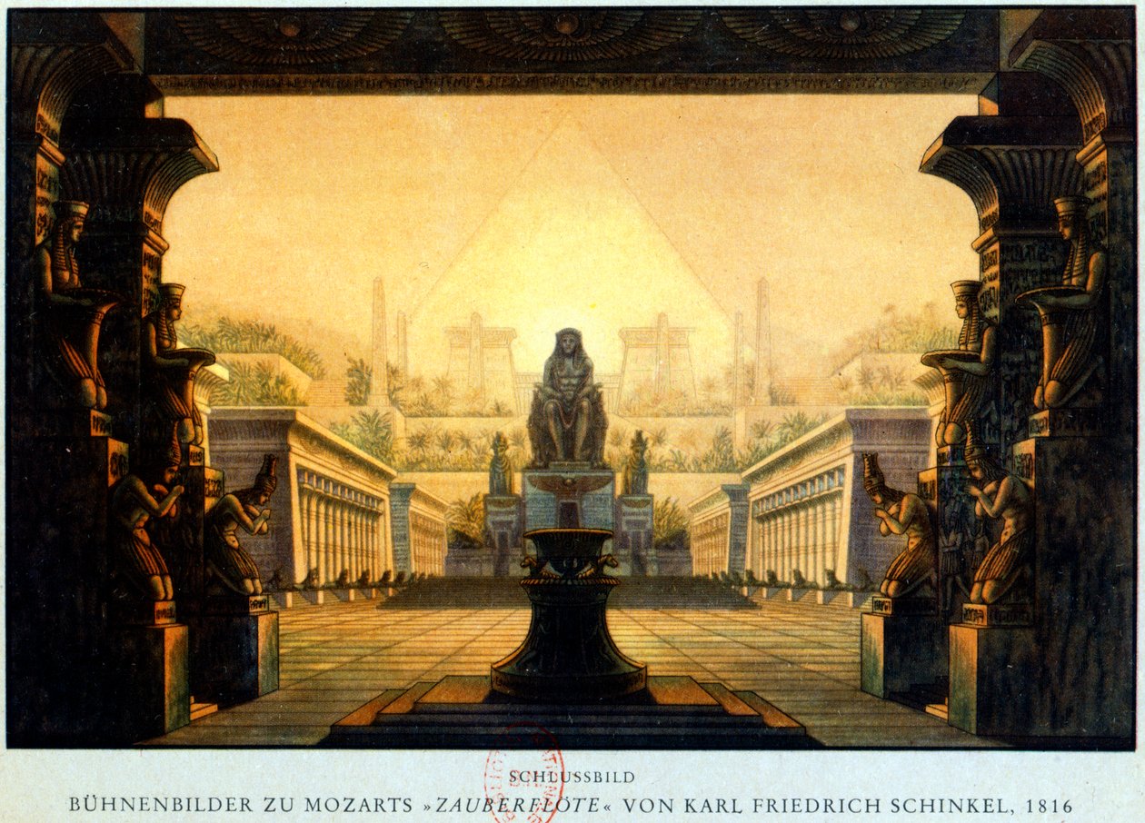 Dziedziniec świątyni Izydy i Ozyrysa, gdzie Sarastro był arcykapłanem, ok. 1816 r. autorstwa Karl Friedrich Schinkel