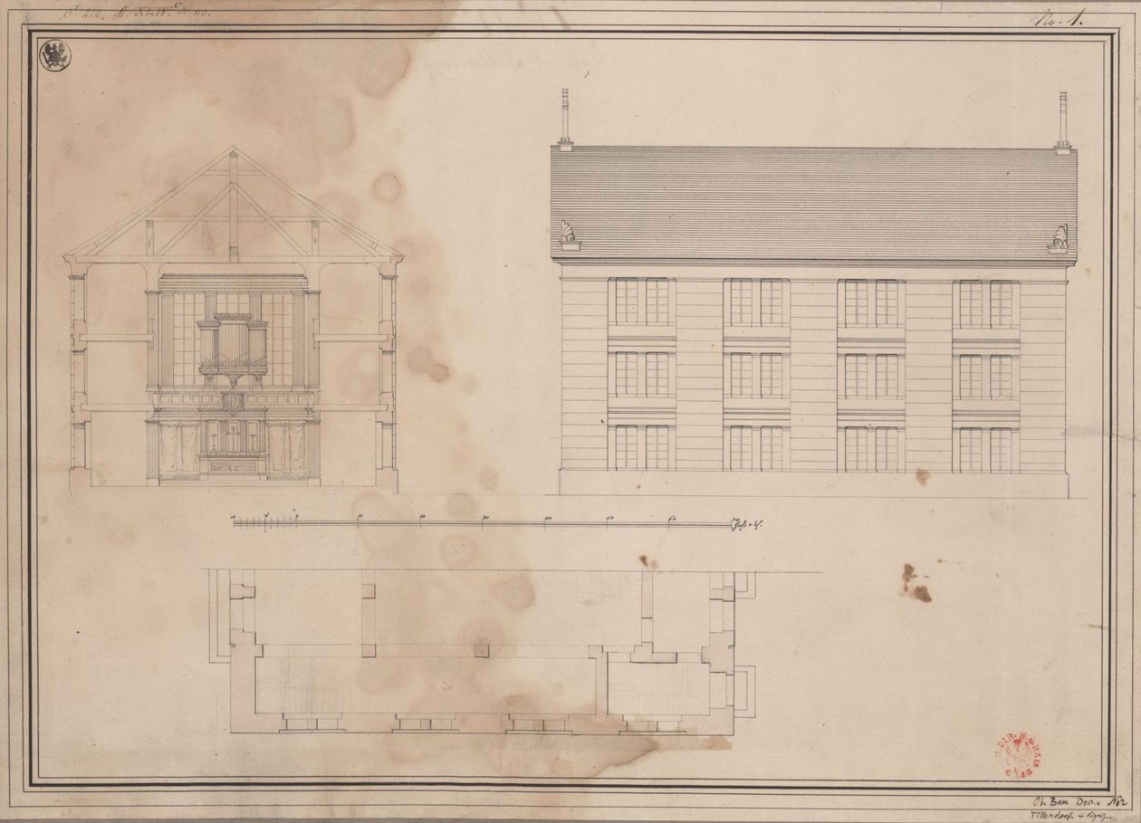 Tillendorf (Bolesławice, rejencja legnicka). Projekt kościoła ewangelickiego. Rzut poziomy, elewacja fasady bocznej i przekrój poprzeczny autorstwa Karl Friedrich Schinkel