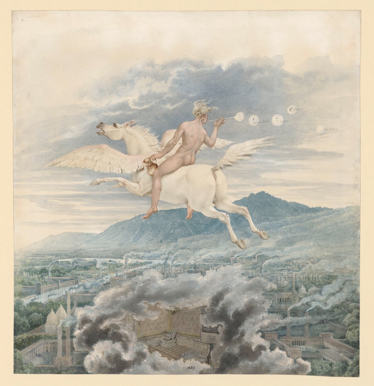 Postać kobieca (puszczająca bańki mydlane) jako alegoria Christiana Petera Wilhelma Beutha, jadącego na Pegazie nad miastem przemysłowym autorstwa Karl Friedrich Schinkel