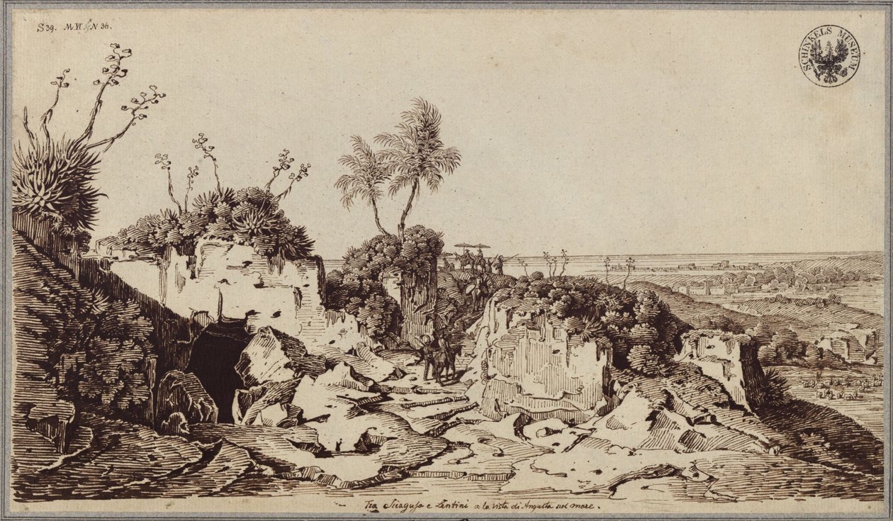Między Syrakuzami a Lentini, z widokiem na Augustę i morze autorstwa Karl Friedrich Schinkel