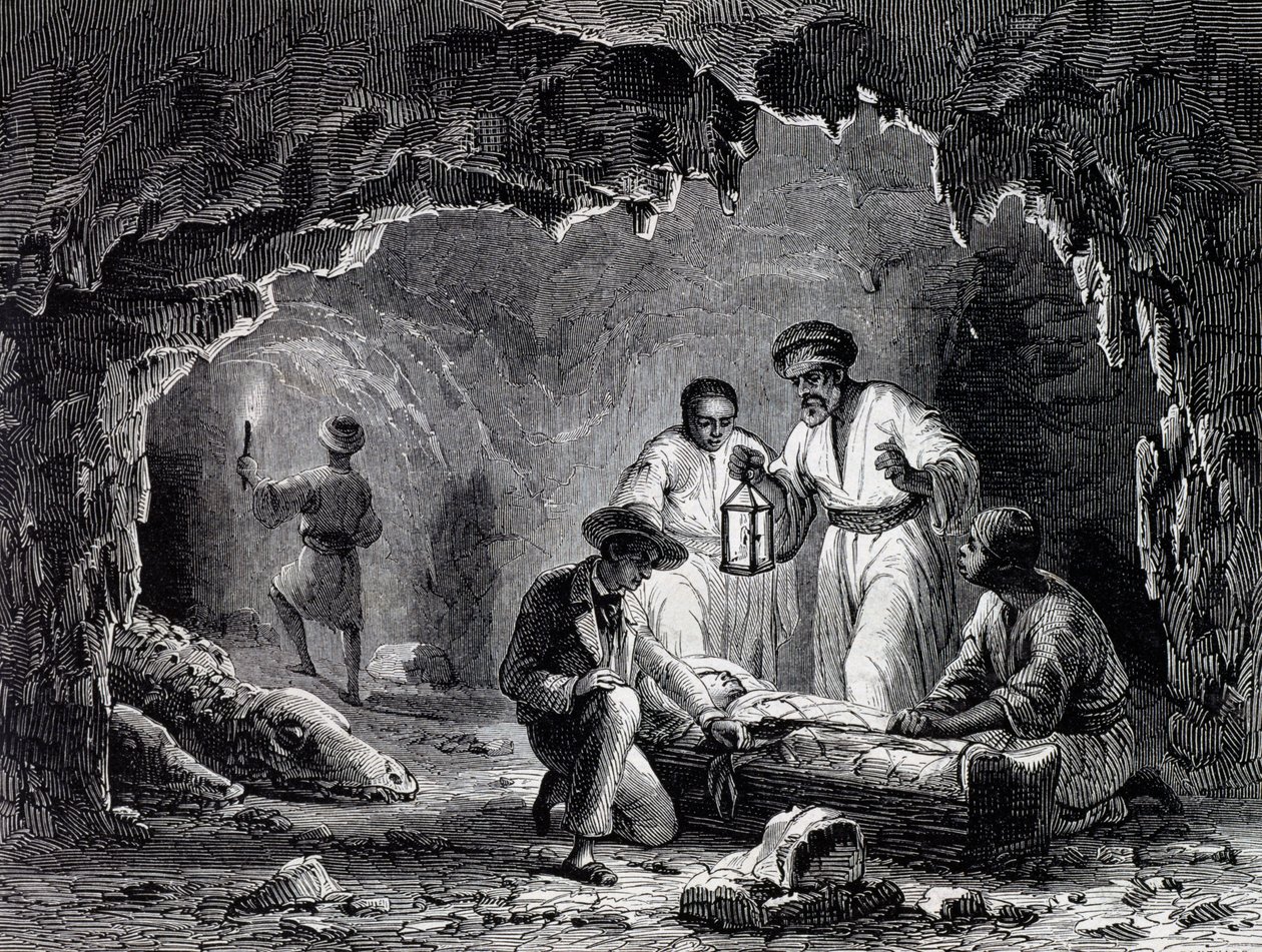 Odkrycia archeologiczne w jaskiniach Samoun, rycina na podstawie rysunku Karla Girardeta (1813-1871) autorstwa Karl Girardet