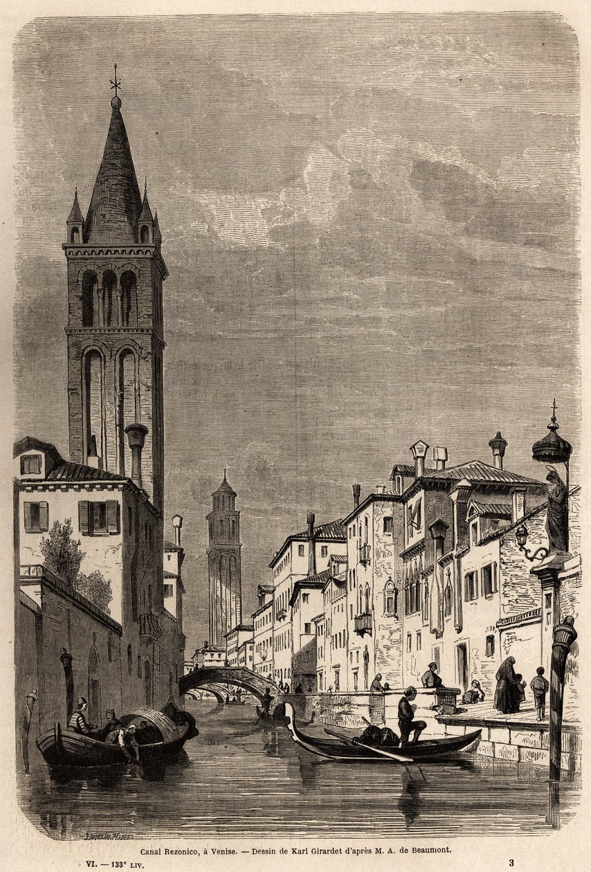 Kanał Rezonico, rysunek Karla Girardeta (1813-1871), ilustrujący podróż Adalberta de Beaumont do Wenecji, ok. 1850 r. Grawer w „”Le tour du monde””, pod redakcją Edouarda Chartona autorstwa Karl Girardet