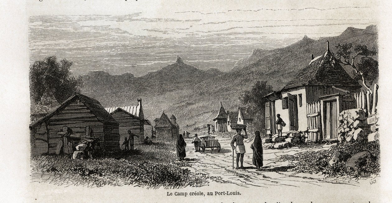 Kreol obozowy w Port Louis, rysunek Karla Girardeta (1813-1871), ilustrujący pobyt Alfreda Verneya na Mauritiusie w 1861 r. Grawer w „Le tour du monde” pod redakcją Edouarda Chartona autorstwa Karl Girardet