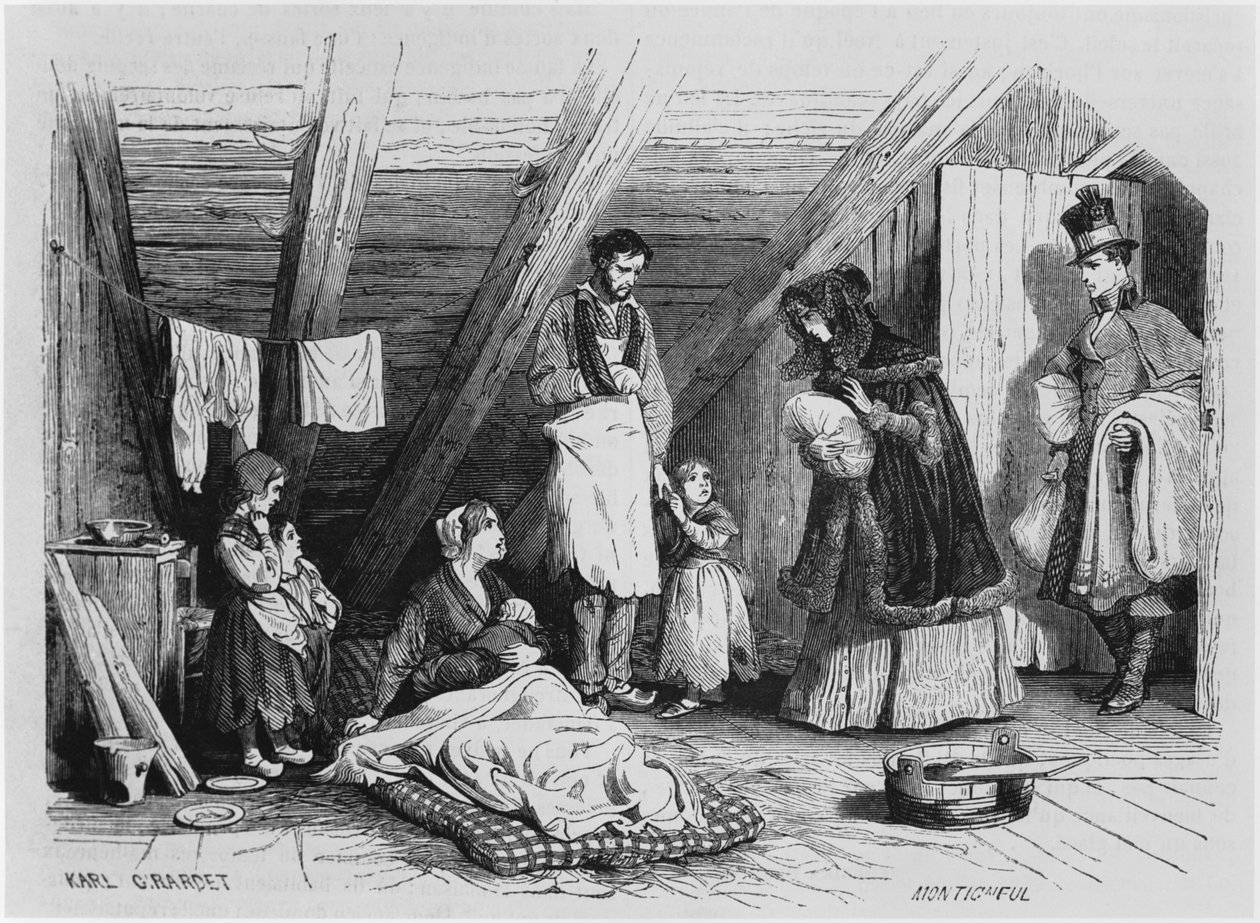 Zwiedzanie ubogich, ilustracja z „Le Magasin Pittoresque”, Paryż, 1844 autorstwa Karl Girardet