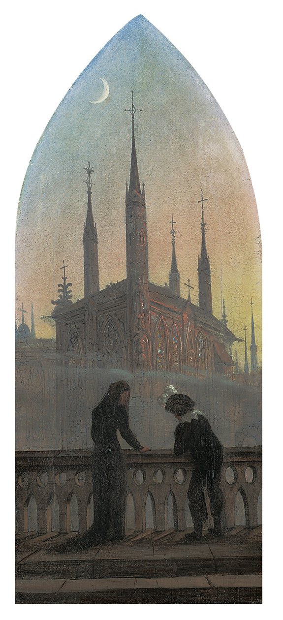 Ludzie w starych niemieckich strojach w kontemplacji średniowiecznego miasta autorstwa Karl Gustav Carus