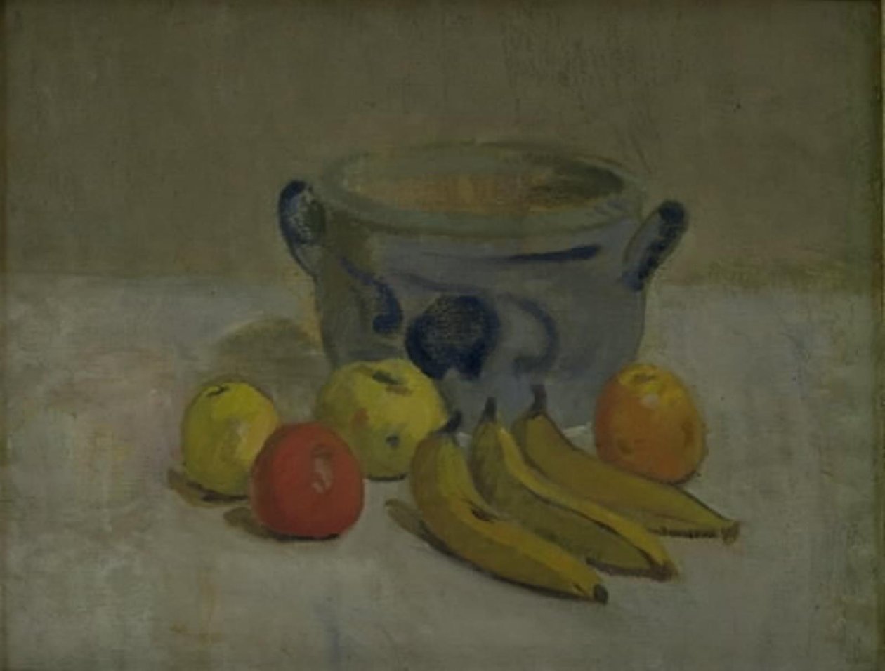 Martwa natura z szarym słoikiem, jabłkami i bananami autorstwa Karl Isakson