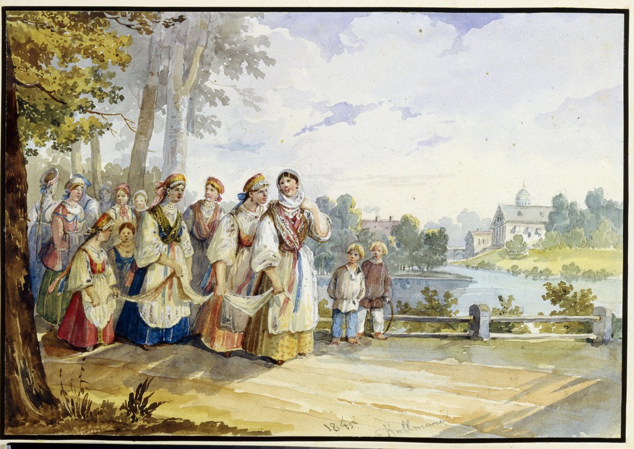 Rosyjskie chłopskie dziewczyny w strojach festiwalowych. Praca Karla Iwanowicza Kolmanna (1786-1846), akwarela na tekturze autorstwa Karl Ivanovich Kolmann