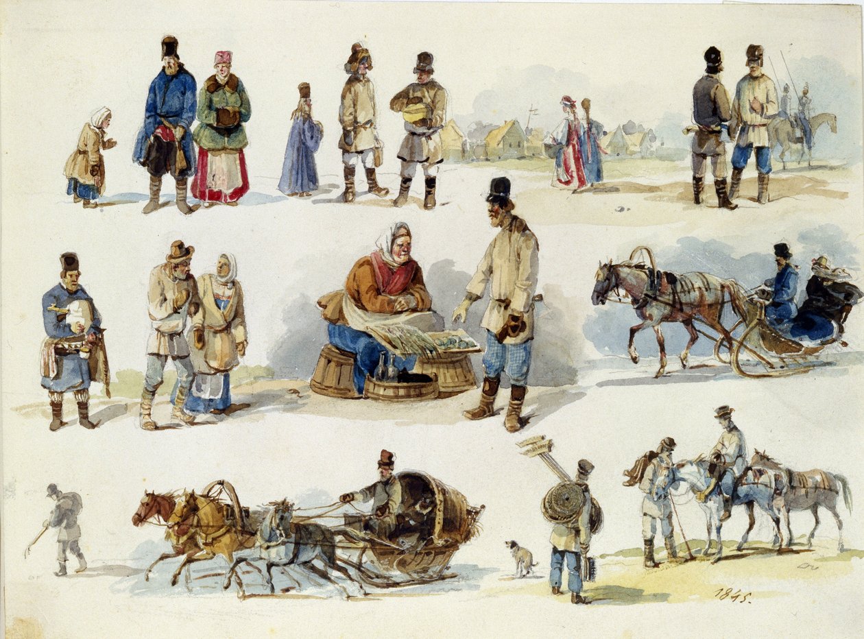 Rosyjskie typy ludowe. (Typy ludowe Rosji). Praca Karla Iwanowicza Kolmanna (1786-1846), akwarela na tekturze autorstwa Karl Ivanovich Kolmann