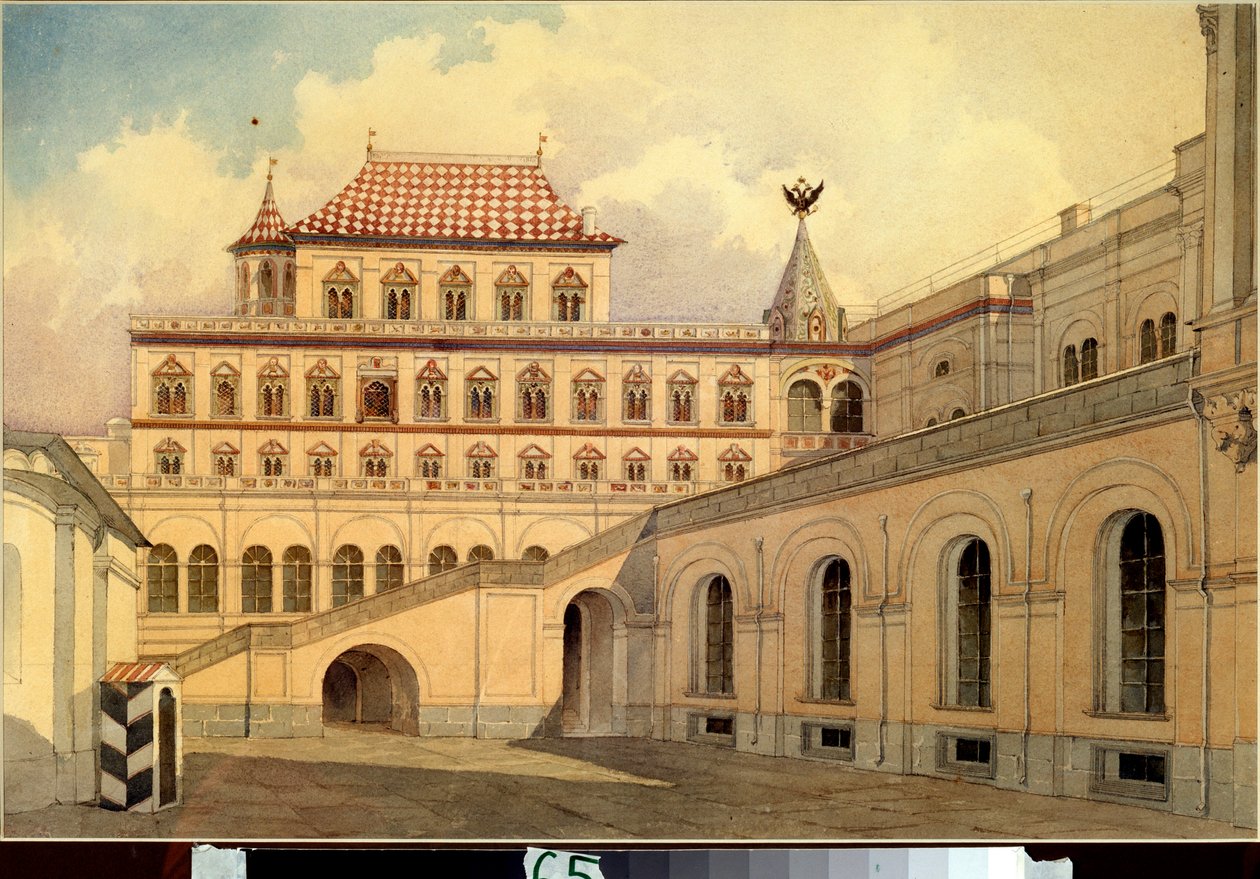Pałac Terem na Kremlu Moskiewskim - Pałac Terem na Kremlu Moskiewskim - Praca Karola Iwanowicza Rabusa (1800-1857), akwarela na papierze, ok. 1830-1840 - Sztuka rosyjska autorstwa Karl Ivanovich Rabus